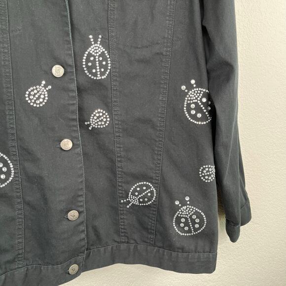 Quacker Factory Black Denim Ladybug Rhinestone Embellished Button Jacket Large - Picture 6 of 14
